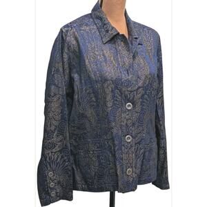 Y2K Chicos Size 2 Tapestry Brocade Blazer Large Jacket Navy Pewter Dark Academia